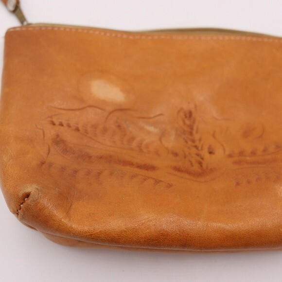 Vintage Sergios Collection Small Leather Zipper Pouch Bag Natural Tooled Leather - Picture 4 of 14